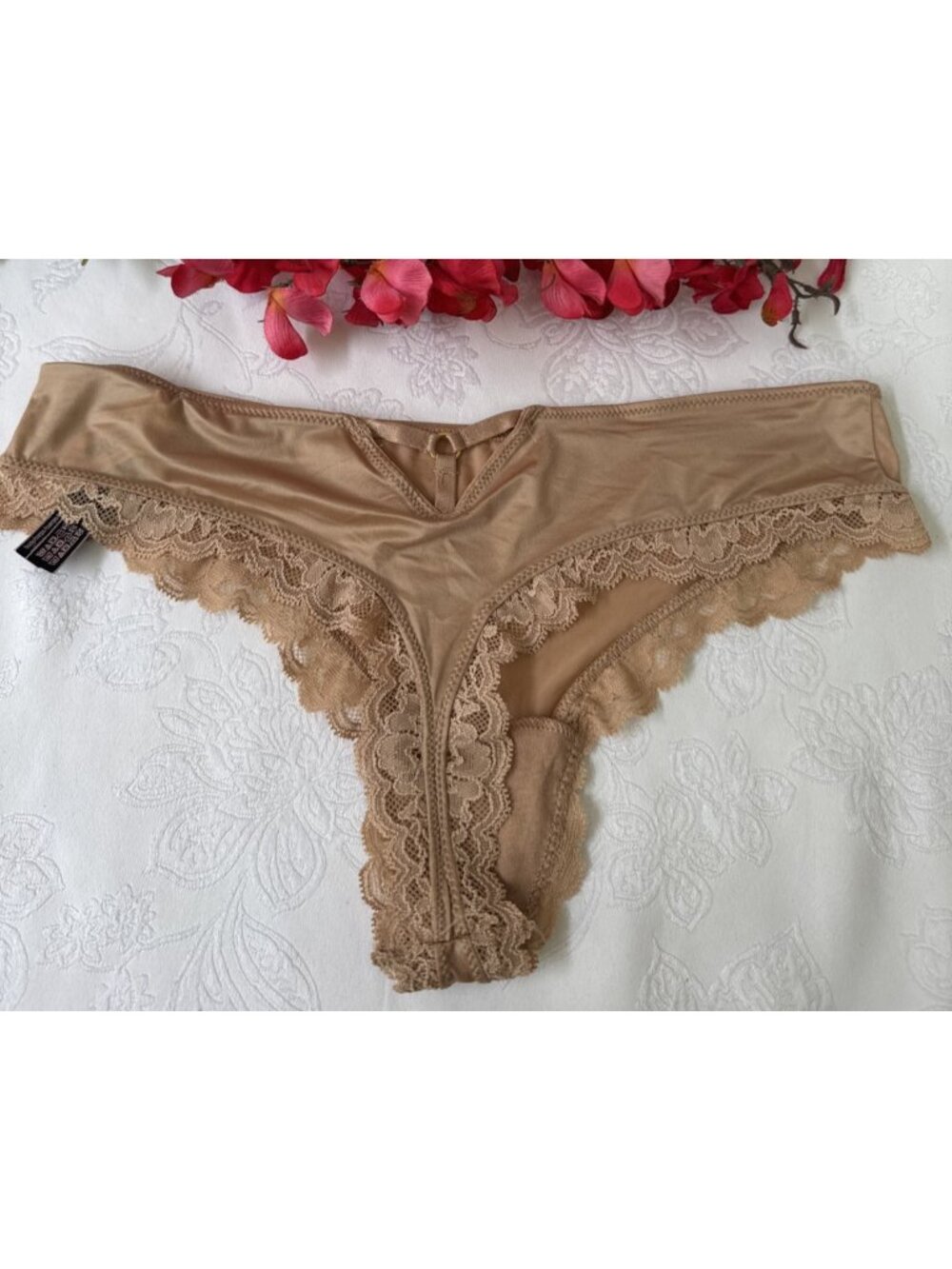 VICTORIA'S SECRET M SILKY GOLD NUDE STRAPPY CUT OUT BACK CHARM THONG PANTIES NWT